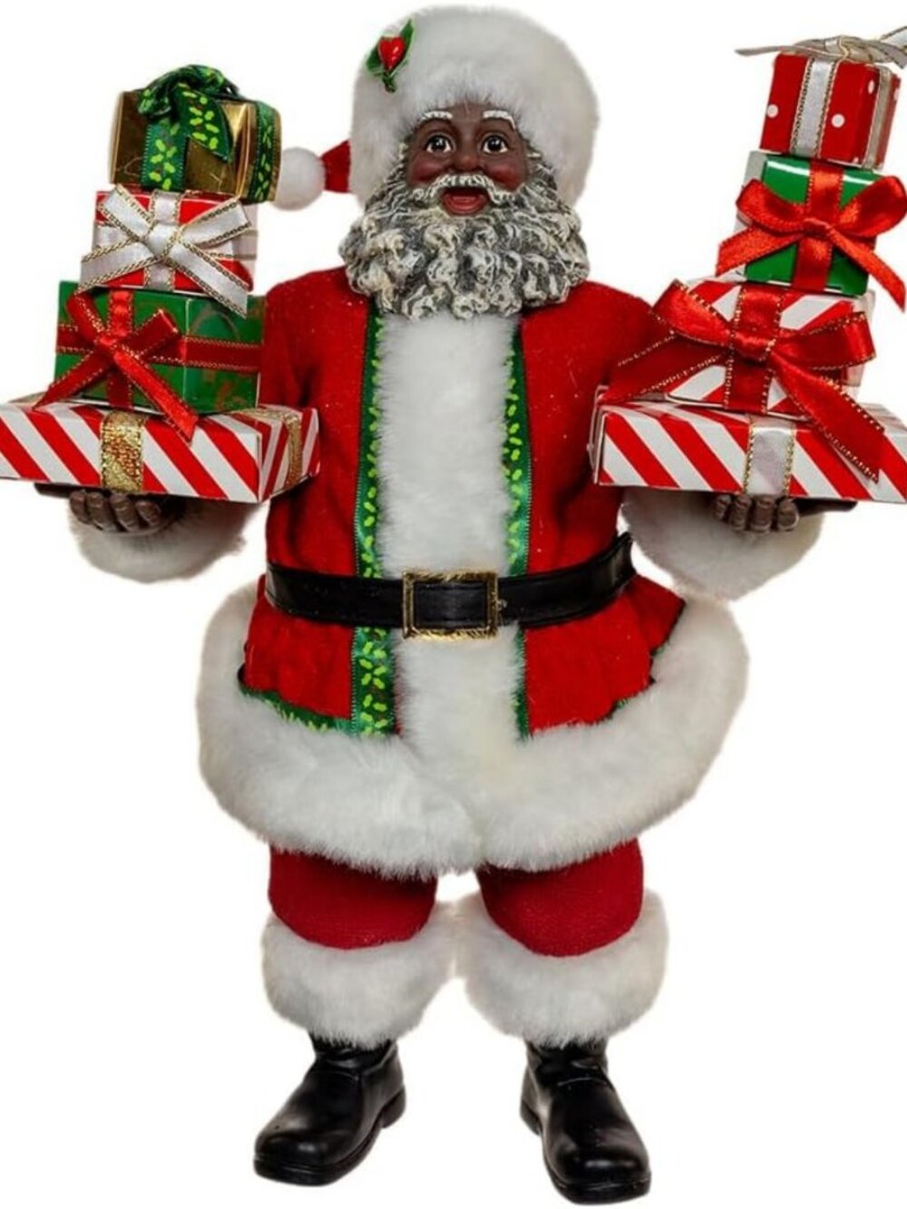 10.5-Inch African American Santa Figurine with Gifts - Festive Holiday Decor